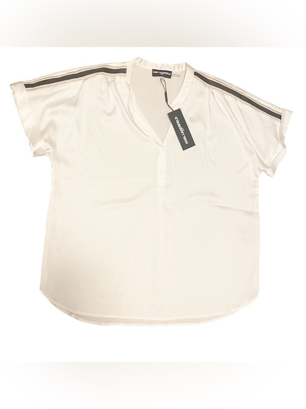 Karl Lagerfeld White Women's V-Neck Stripe Shoulder Top